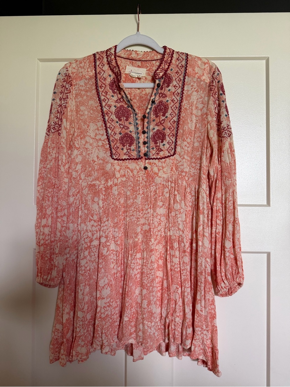 Anthropologie Coral and Burgundy Embroidered Tunic